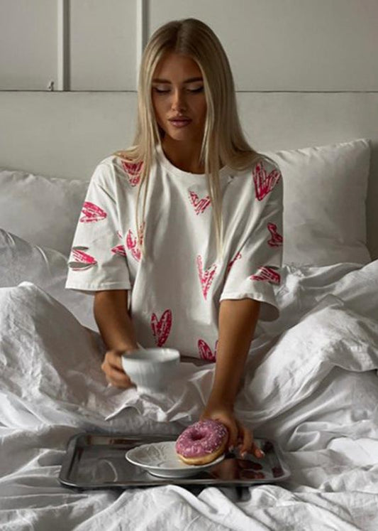 Oversized Cotton Tee With Pink Heart Sketch