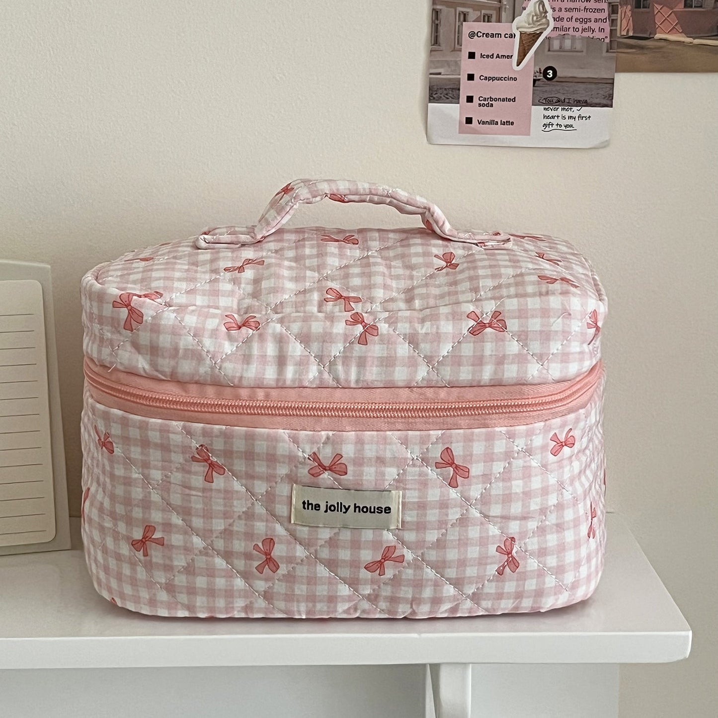 Large Capacity Plaid Bow Cosmetic Bag Retro Style