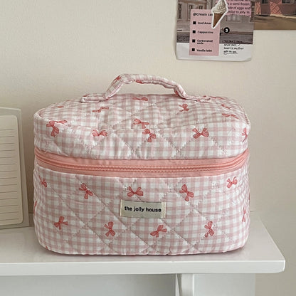 Large Capacity Plaid Bow Cosmetic Bag Retro Style