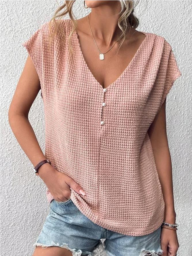 New Waffle Casual Solid Button Panels Women'S Short-Sleeved T-Shirt