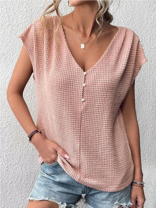 New Waffle Casual Solid Button Panels Women'S Short-Sleeved T-Shirt