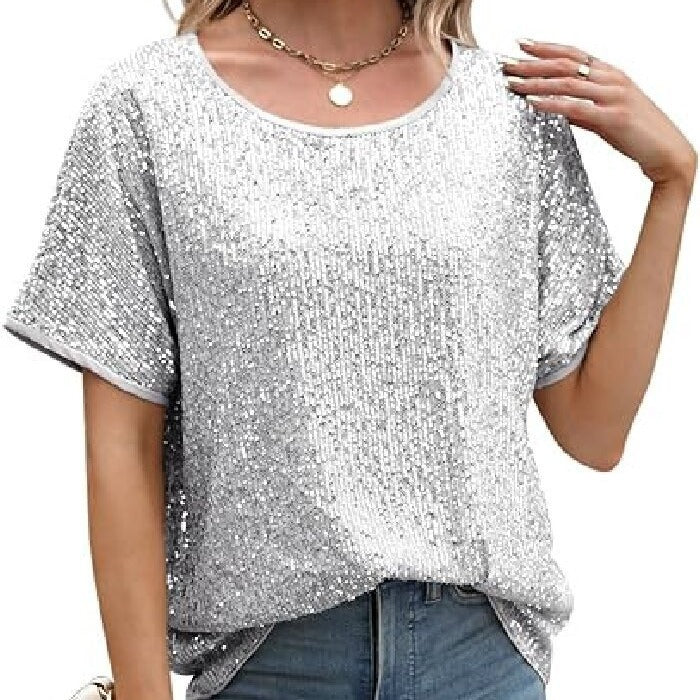 Sequin Deep V-Neck Short Sleeve Top