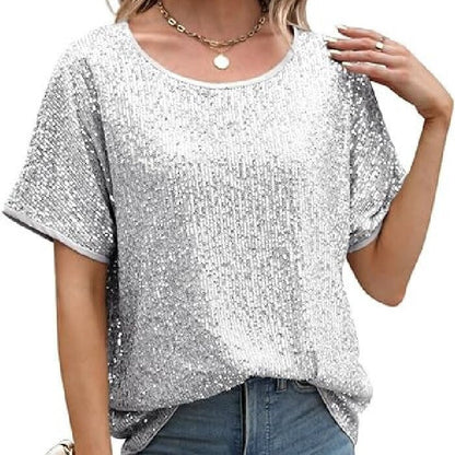 Sequin Deep V-Neck Short Sleeve Top