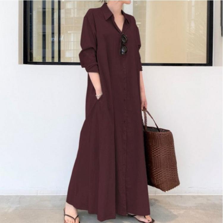 New Solid Color Simple Loose Casual Long Shirt Dress