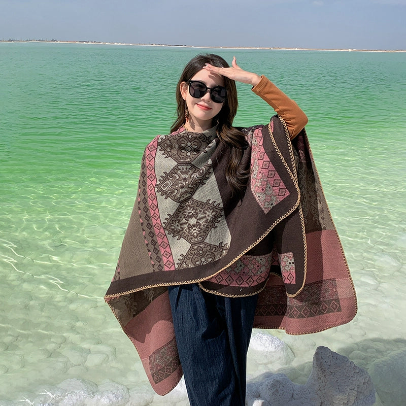Tibetan Great Retro Totem Red Warm Outer Shawl Women'S Scarf Autumn And Winter Cloak Big Cloak