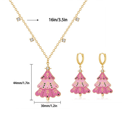 Rhinestone Christmas Tree Pendant Necklace Earrings Set