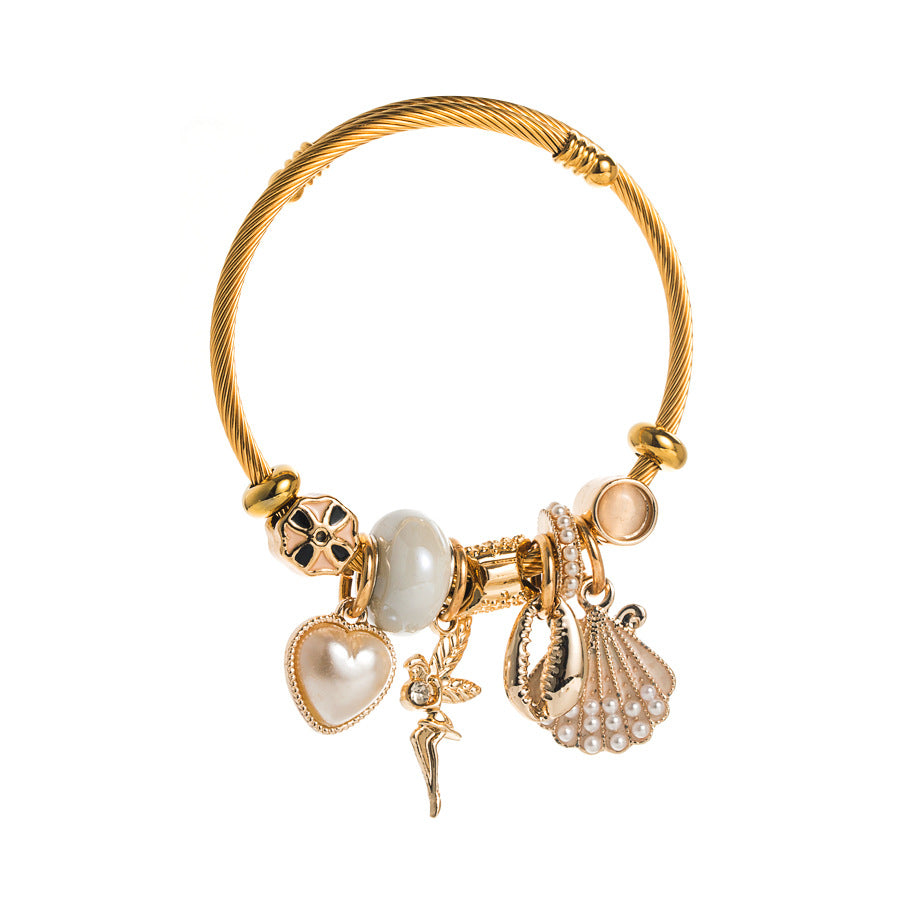 Gold Adjustable Pearl Shell Heart Bracelet For Women