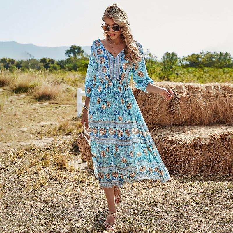 Women'S V-Neck High-Waisted Bohemian Dress Women'S Mid-Length A-Line Dress