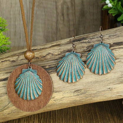 Vintage Floral Alloy Wood Pendant Necklace Set