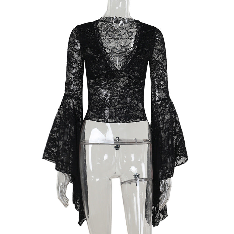 Black Lace V-Neck Top with Beaded Chain For Women