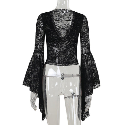 Black Lace V-Neck Top with Beaded Chain For Women