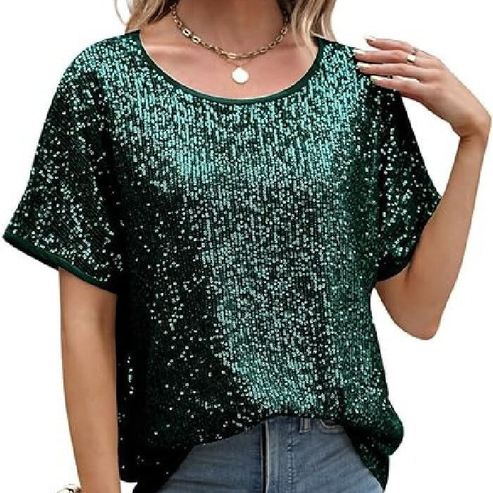 Sequin Deep V-Neck Short Sleeve Top
