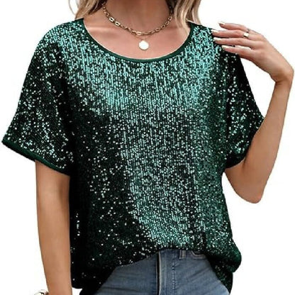 Sequin Deep V-Neck Short Sleeve Top