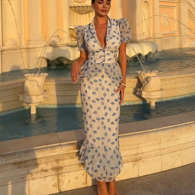 French Digital Print V-Neck Puff Sleeve Elegant Top and Skirt Set