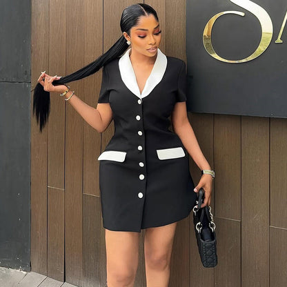 Trendy Black And White Color Block Slim Fit Blazer Dress