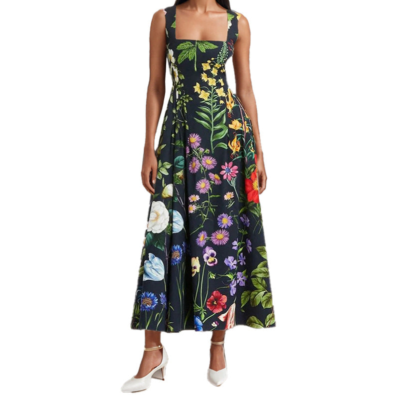 Elegant Floral Print Backless Maxi Dress
