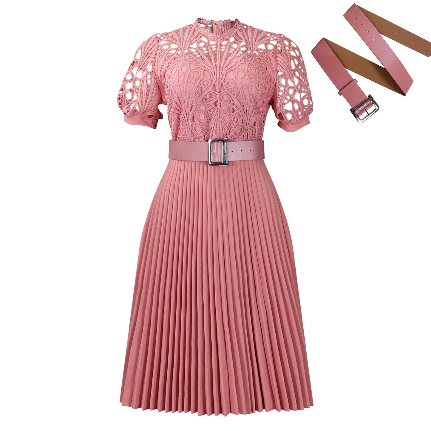Elegant Lace Trim Short Sleeve A-Line Dress