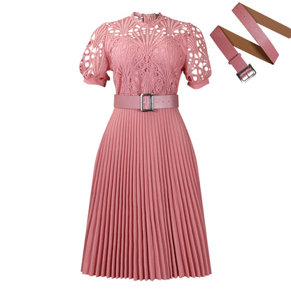 Elegant Lace Trim Short Sleeve A-Line Dress