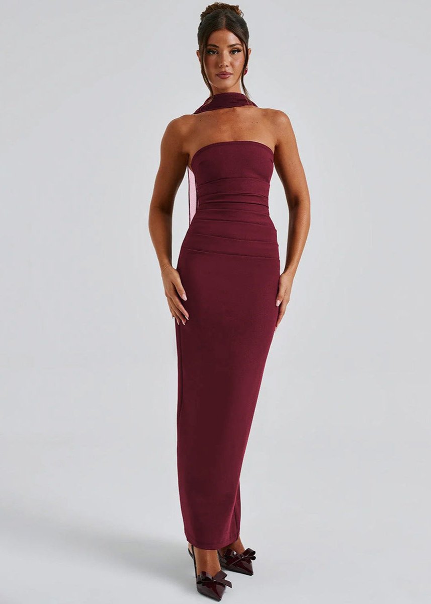 Maxi Dress Stretch Fabric Halter Neckline Burgundy