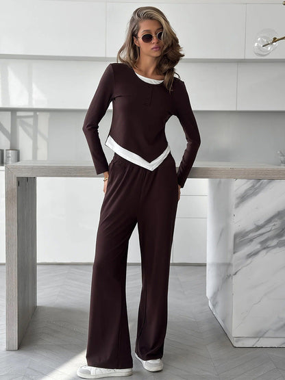 Casual Color-Blocked Pajama Set with Long Pants
