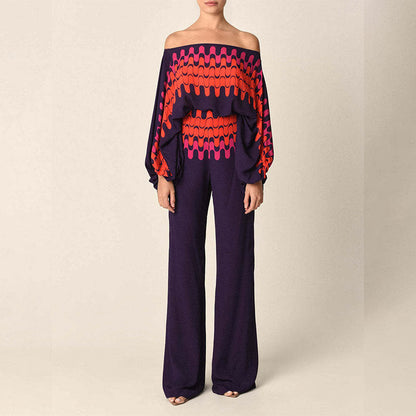 Elegant Batwing Sleeve Printed Two-Piece Set
