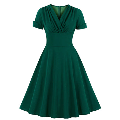 Retro V-Neck Waist-Tie Flared Dress