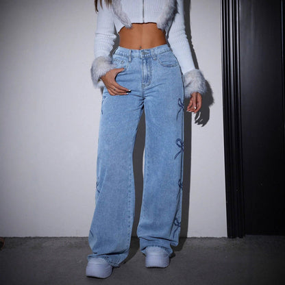 Casual Bow Print High Waist Baggy Jeans