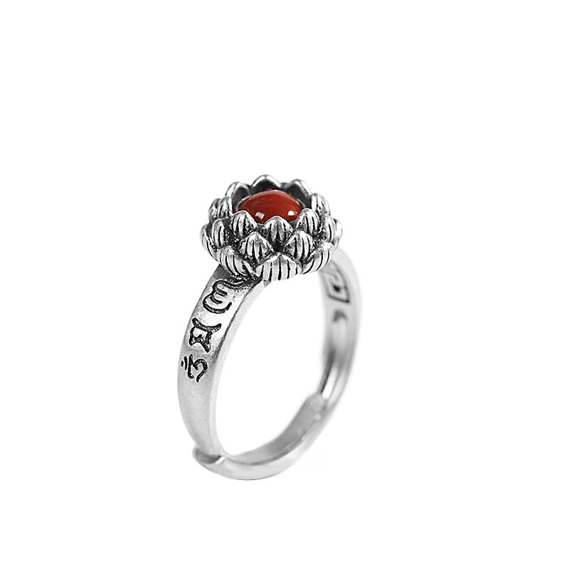 Character Silver S925 Silver Inlaid South Red Agate Eight-Petal Lotus Ring
