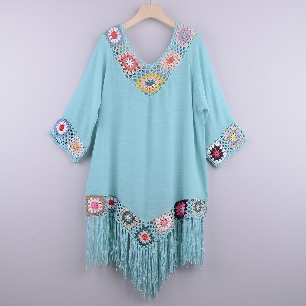 New Off The Shoulder Half Sleeve Hook Pattern Stitching Irregular Tassel Beach Cover Up Shirt Ethnic Style Dress