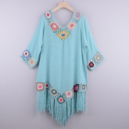 New Off The Shoulder Half Sleeve Hook Pattern Stitching Irregular Tassel Beach Cover Up Shirt Ethnic Style Dress