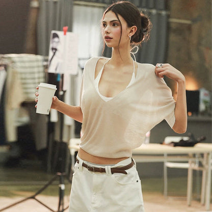 Sheer Long Sleeve Top for Women with Waist Tie