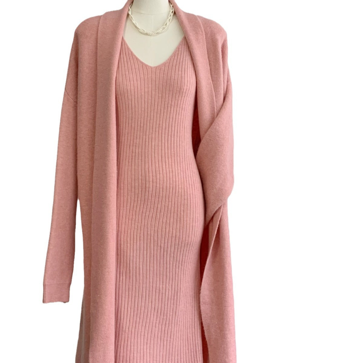 2 Pcs Elegant Fall Long Sleeve Cardigan Tank Dress
