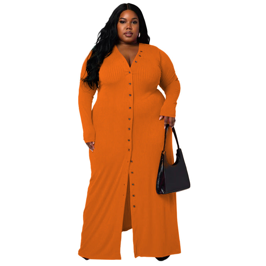 Plus Size Women'S V-Neck Split Hem Dress Stylish Casual A-Line Dress