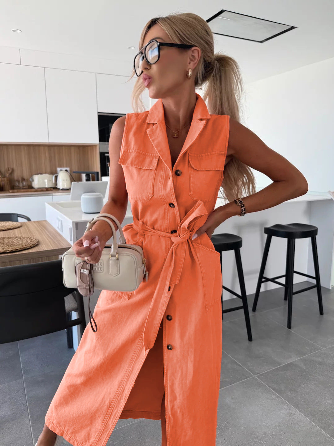 Casual Long Denim Dress With Belted Waist