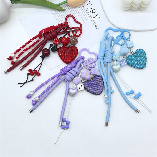Sparkling Rhinestone Heart Braided Keychain Bag Charms