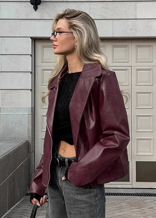 Faux Leather Moto Jacket Burgundy Edgy Silhouette