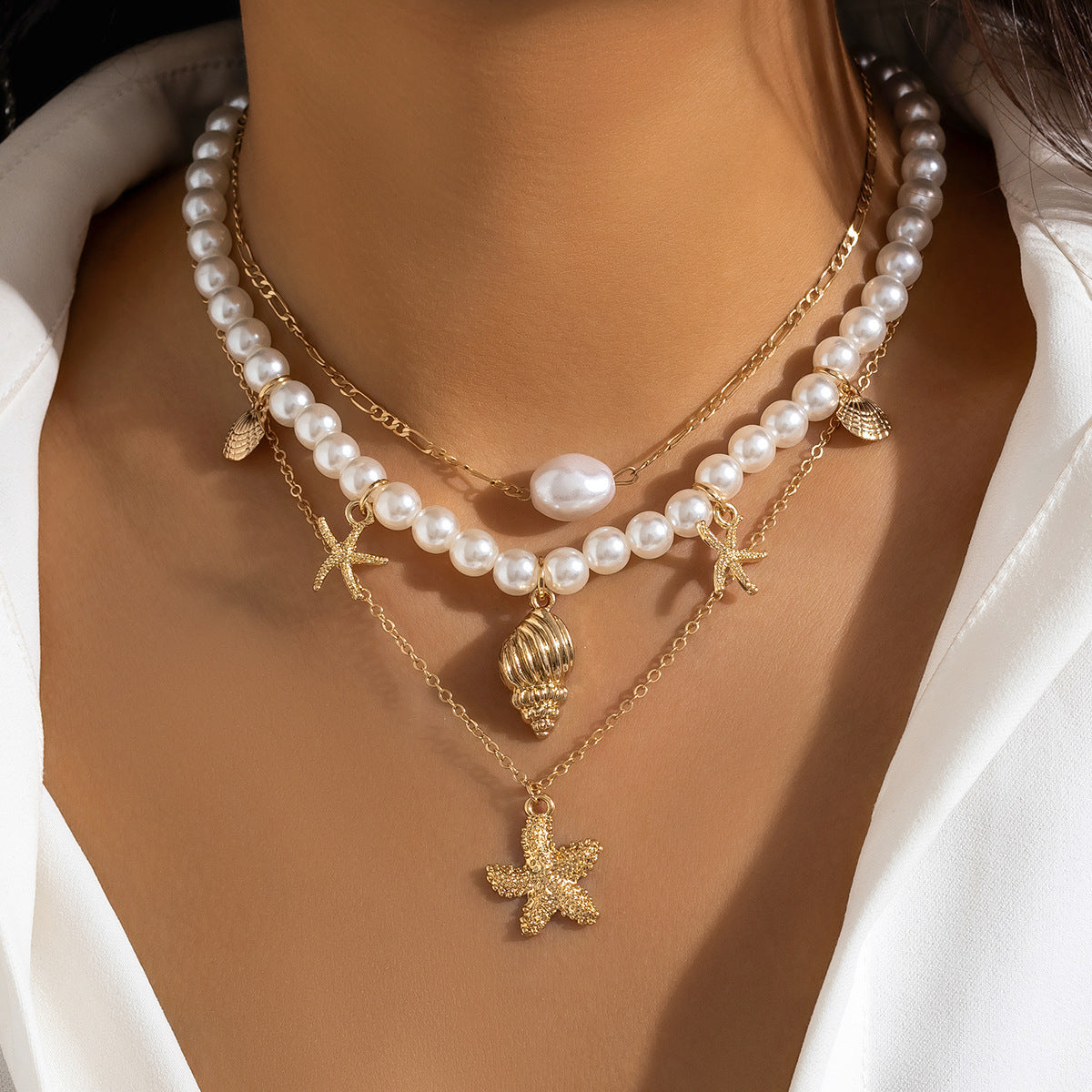 Beach Starfish Bead Necklace Vintage Pearl-Like Pendant