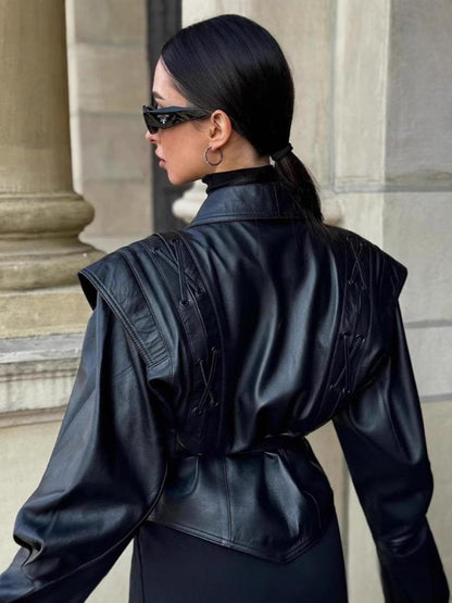 Lace Up Faux Leather Blazer With Sculpted Silhouette