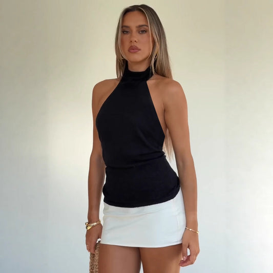 French Style Sleeveless Knitted Top with Open Shoulder Design