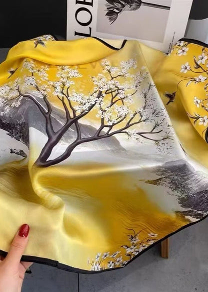 Scenic Floral Silk Scarf Yellow Square Satin