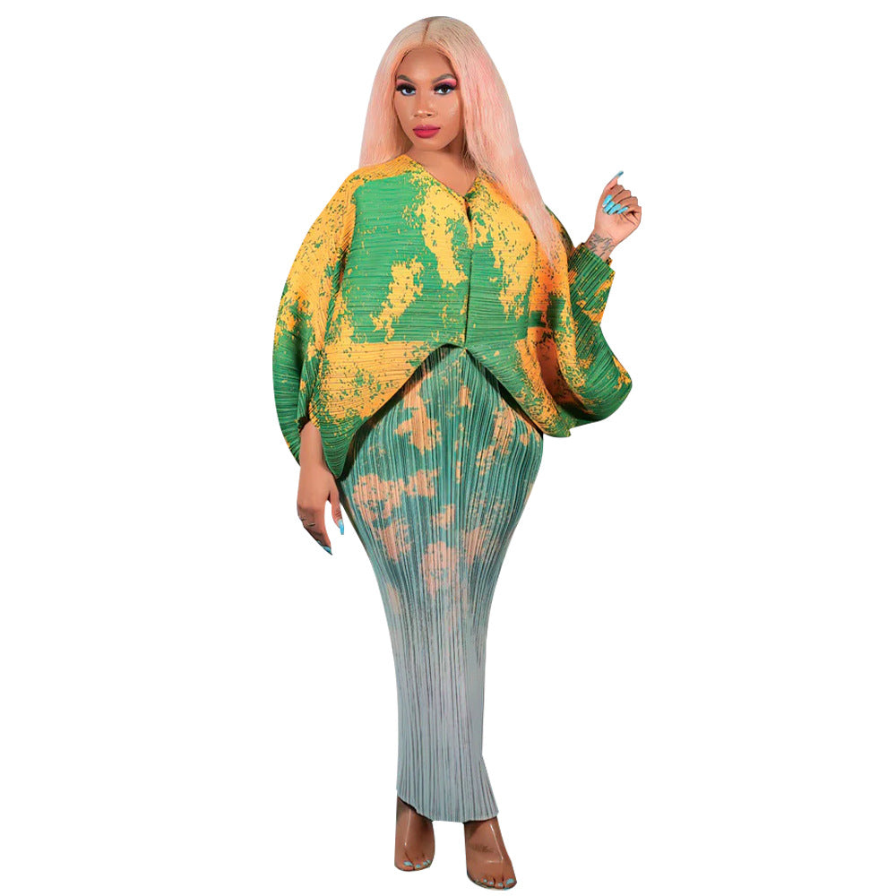Fashion Batwing Sleeve Printed V-Neck Dress
