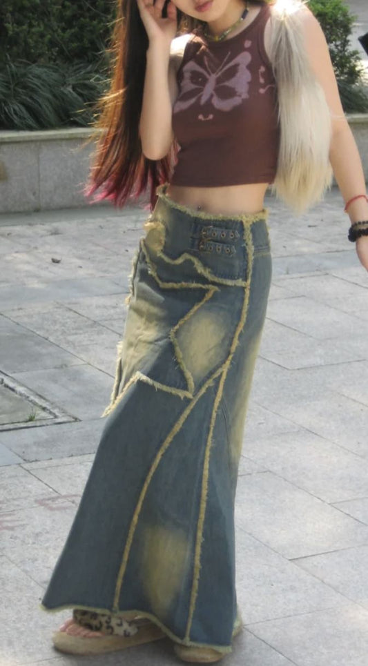 Old Vintage Washed Denim Skirt For Women