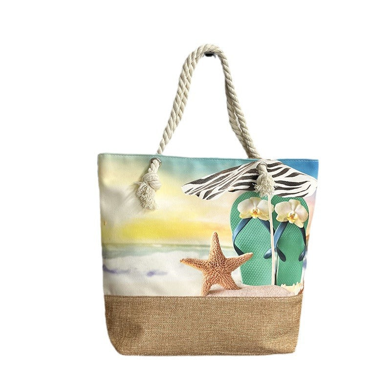 Large Capacity Digital Print Linen Beach Bag for Women
