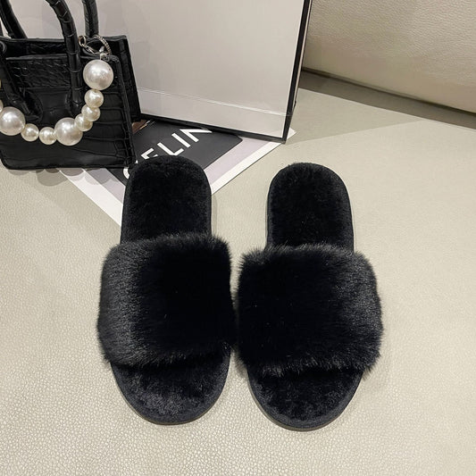 Solid Color Plush Open-Toe Slippers