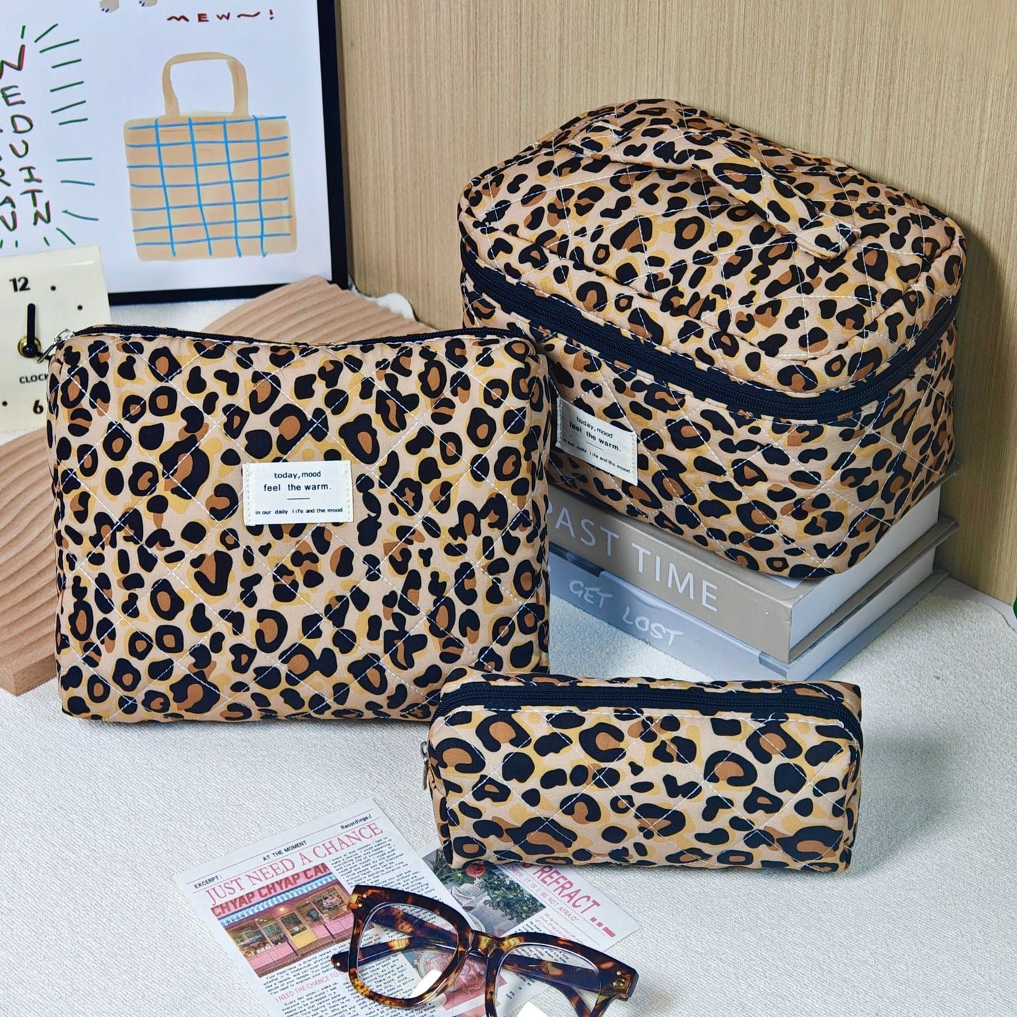 Large Capacity Leopard Print Quilted Makeup Bag