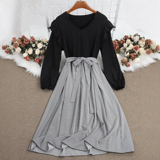 Striped A-Line Dress with Long Sleeves and Tie Waist