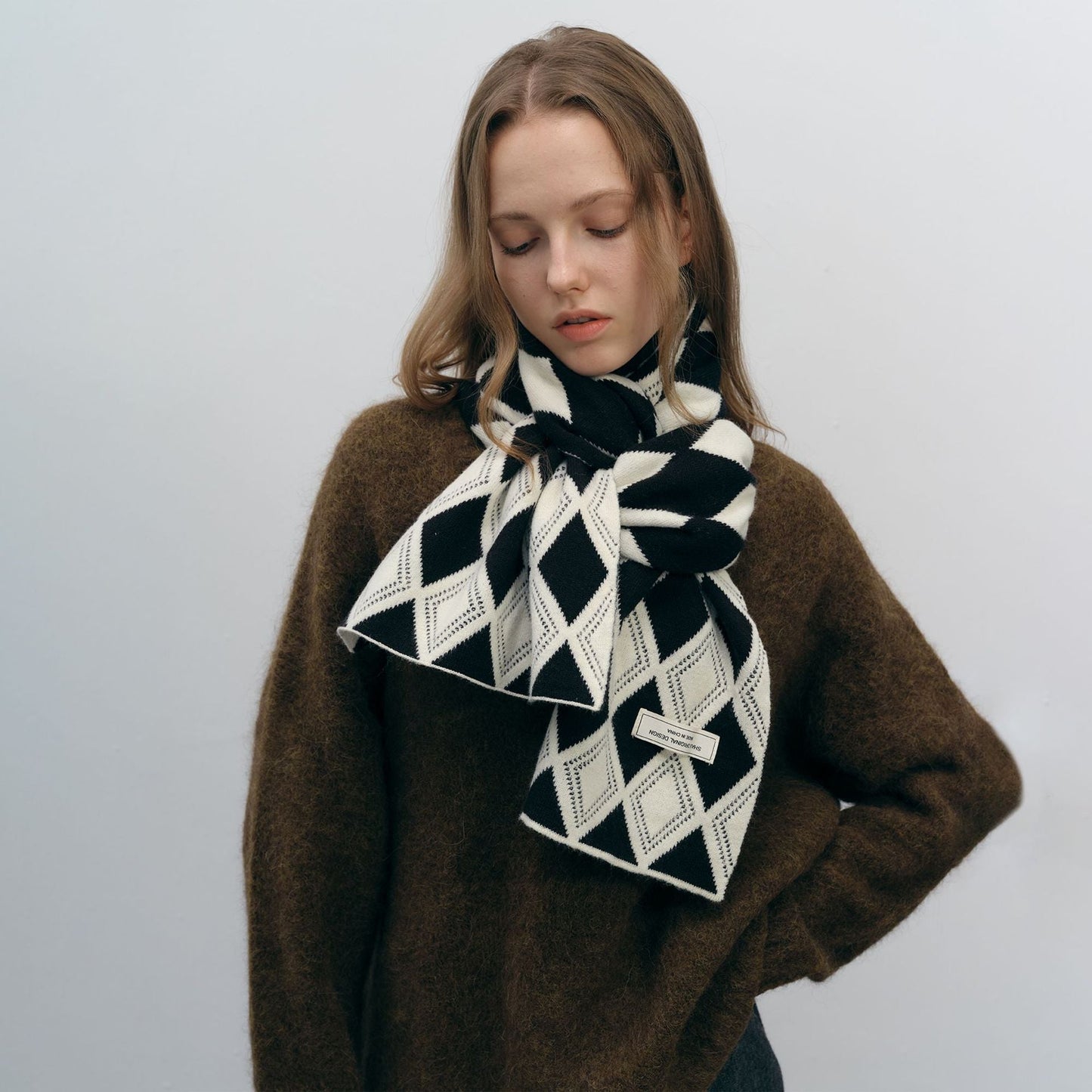 Color Block Diamond Plaid Warm Knit Scarves