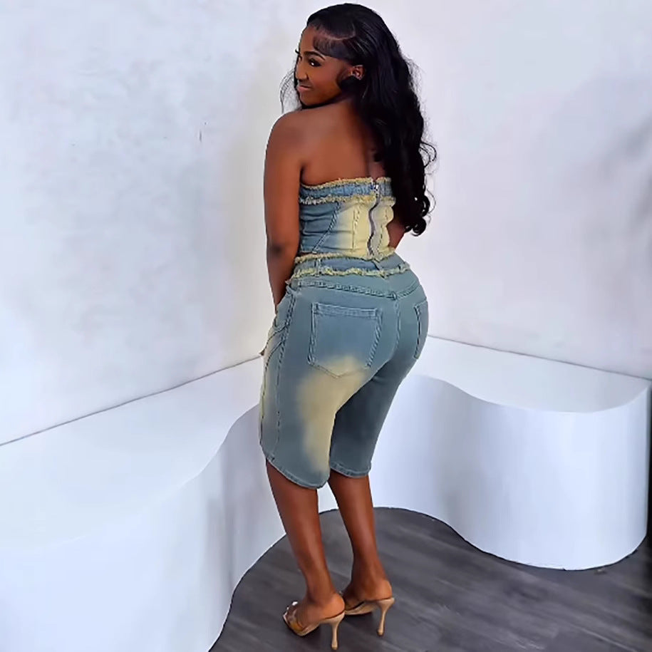 Women'S Denim Set Trendy Sleeveless Wrap Top High-Waisted Shorts