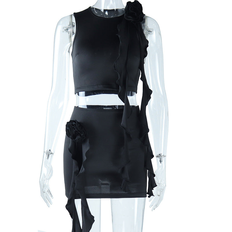 Trendy Solid Color Crop Top And Skirt Set