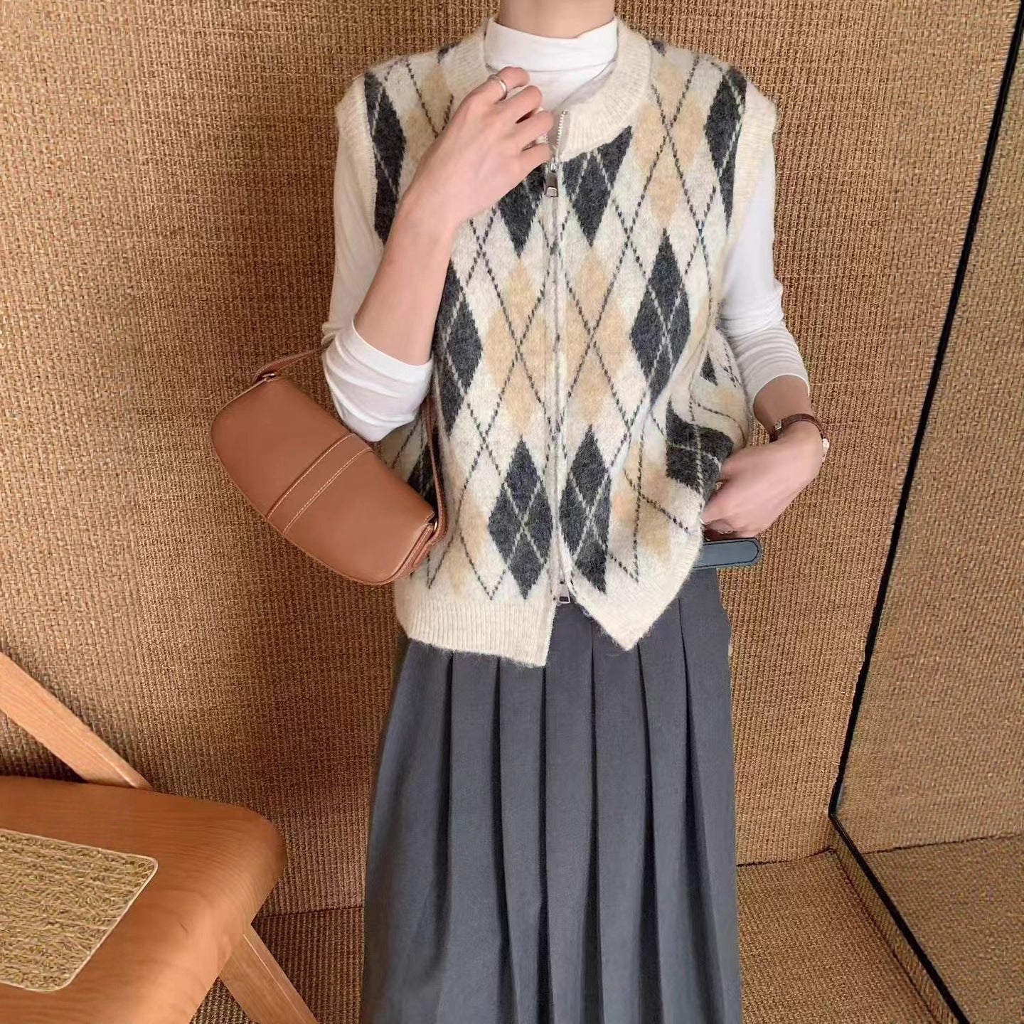 Diamond Knit Vest Cardigan Lightweight Polyester